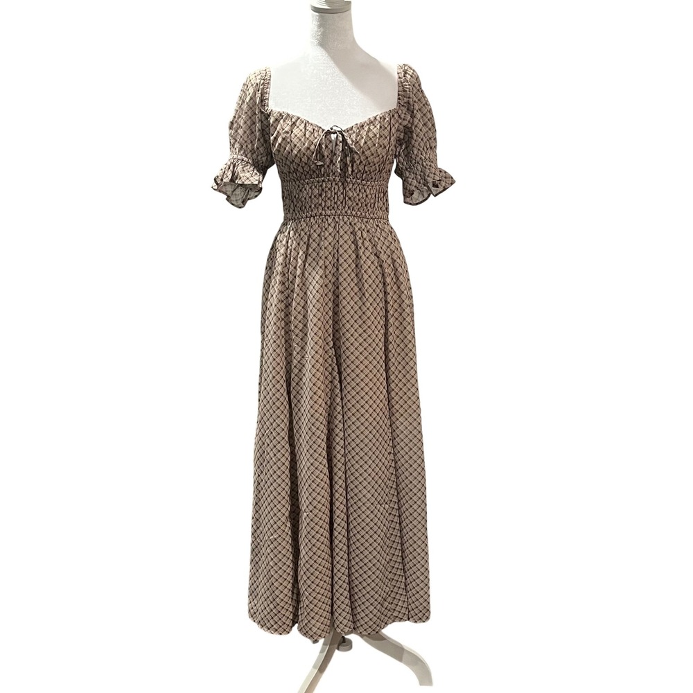Dizzy Lizzy Midi Dress Women Small Brown Plaid Smocked Puff Sleeve Milkmaid